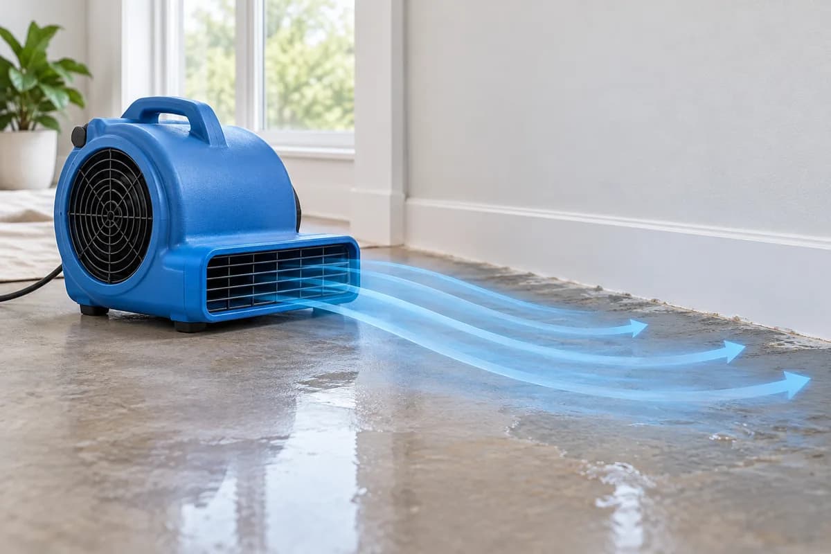 A floor air mover directing airflow across a damp floor.