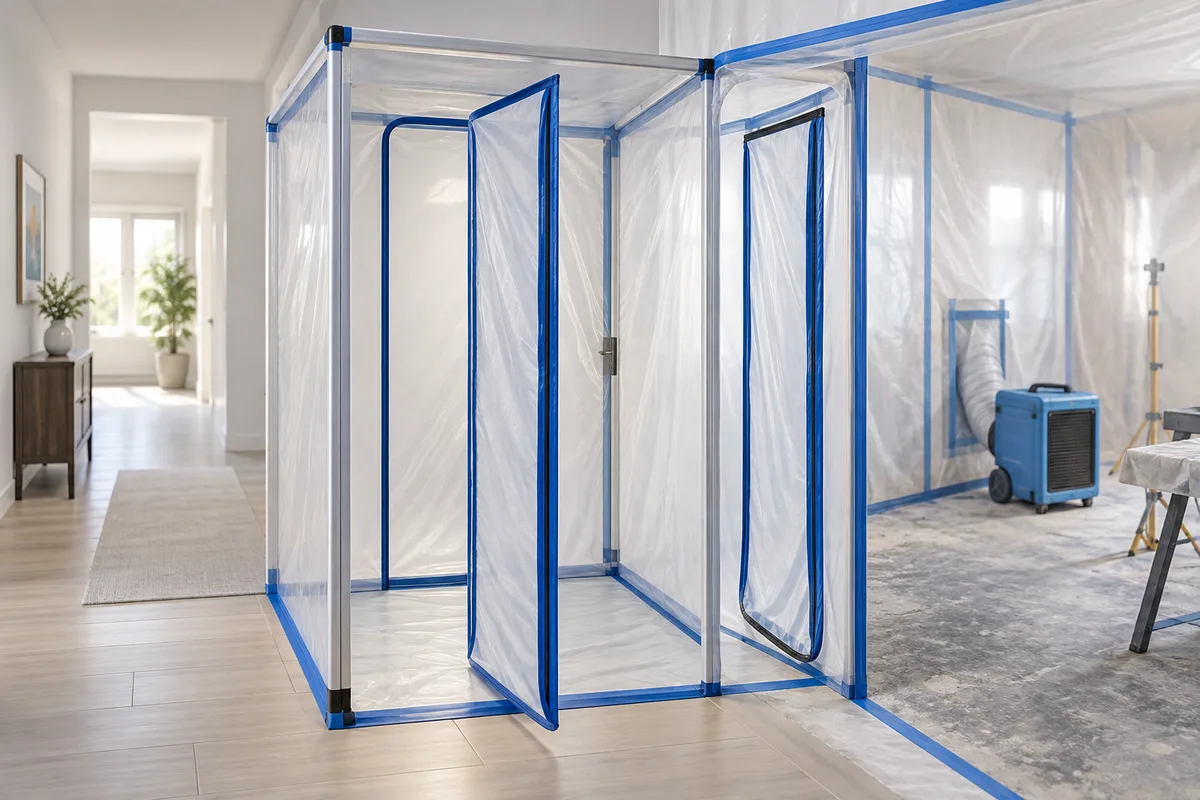 A temporary entry compartment separating a restoration work area from a clean hallway.