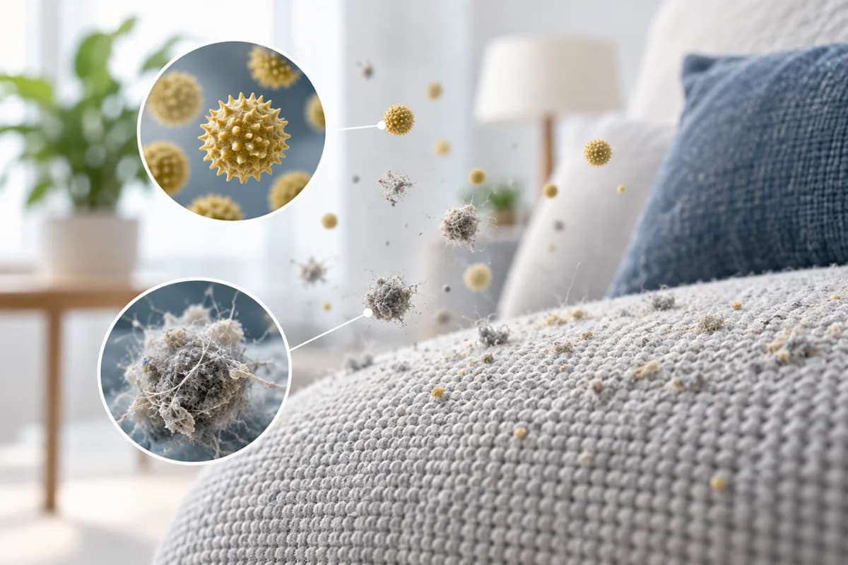 Enlarged pollen and dust particles beside an upholstered surface.