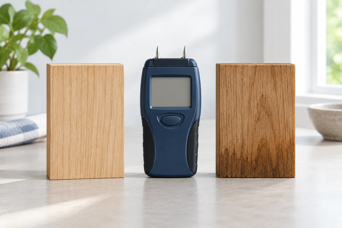 Dry and damp wood samples beside a moisture meter for comparison.