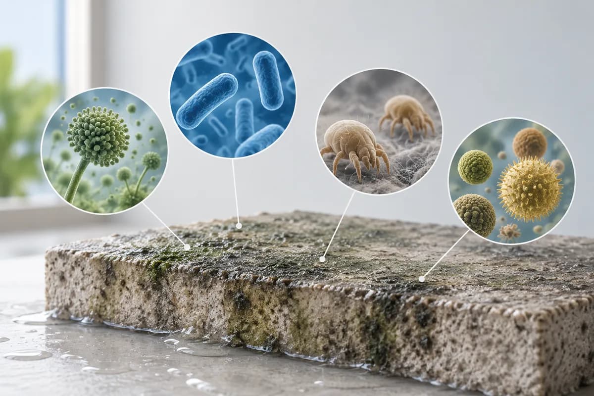 Enlarged biological particles above a damp building-material sample.