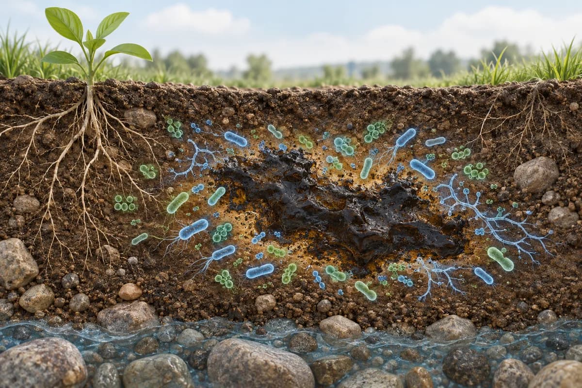 A soil cutaway with stylized microorganisms surrounding a contaminant patch.