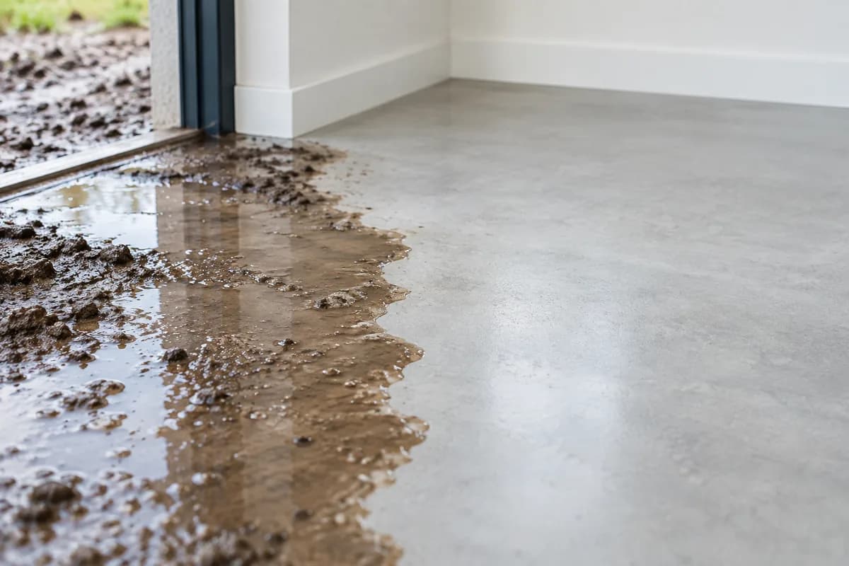 Muddy water spreading onto a clean floor through a doorway.