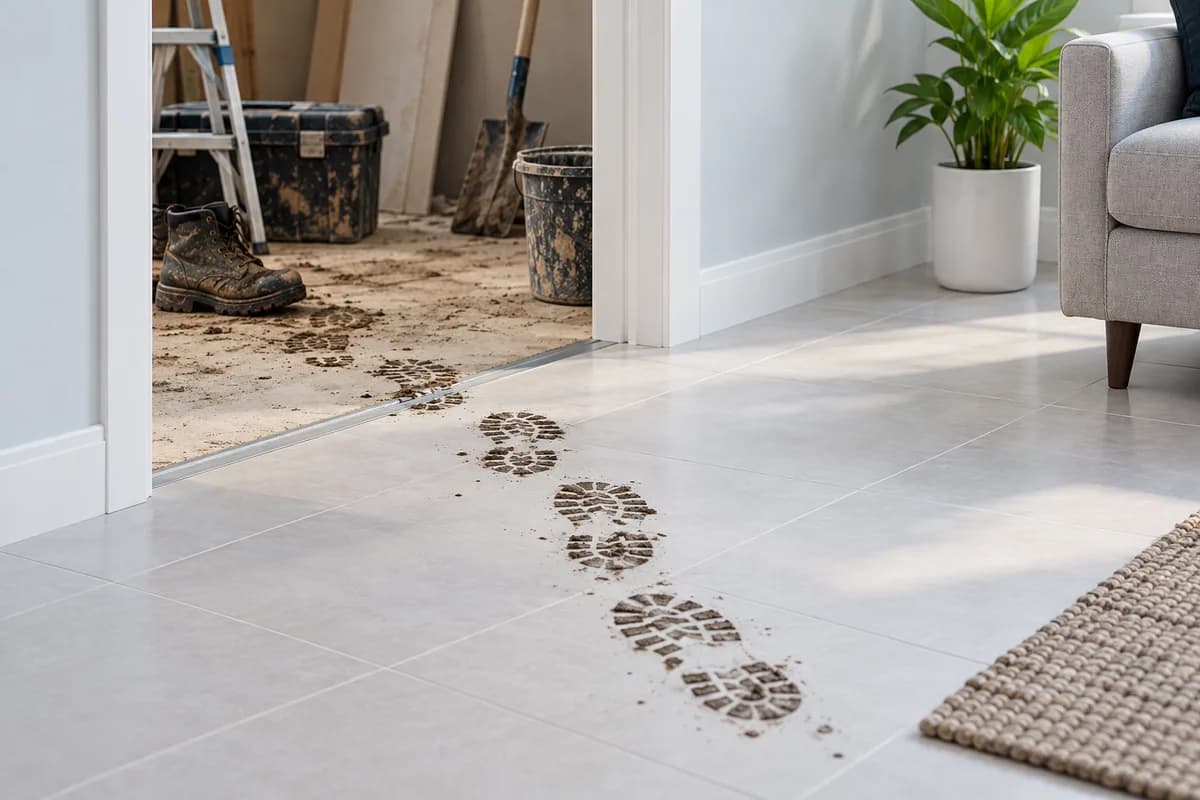 Muddy footprints carrying dirt from a work area onto a clean tiled floor.