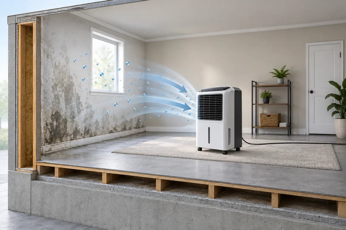 Moisture moving from a damp room toward a dehumidifier in a conceptual cutaway.