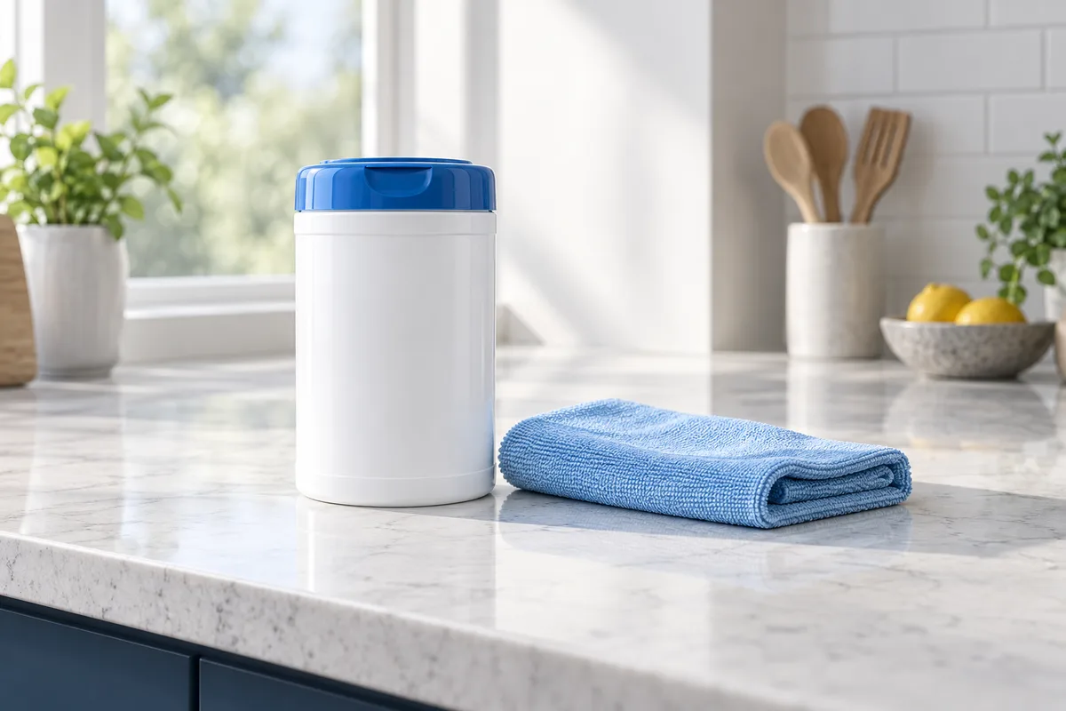 A closed disinfectant container and cleaning cloth on a washable countertop.