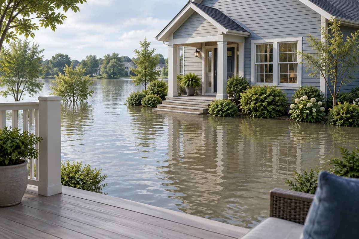 Floodwater surrounding a house and reaching its lower steps.