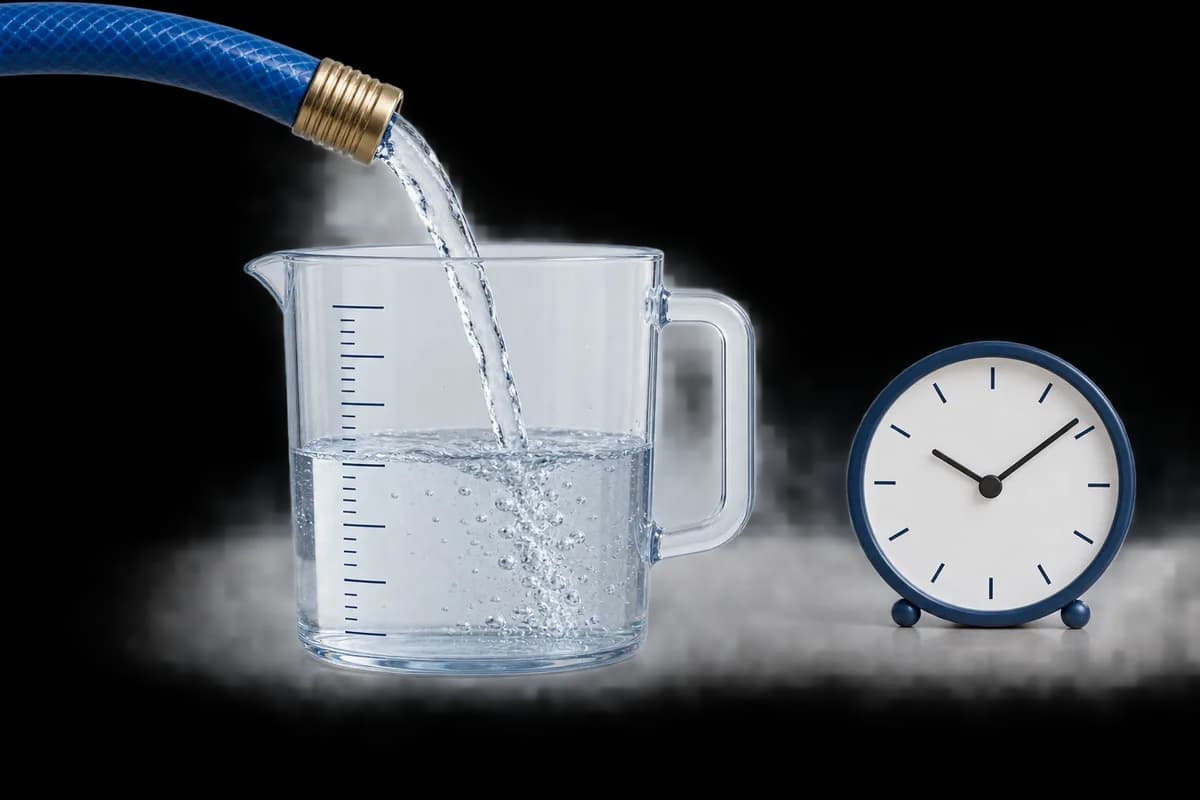 A hose filling a clear vessel beside a clock to represent water volume over time.