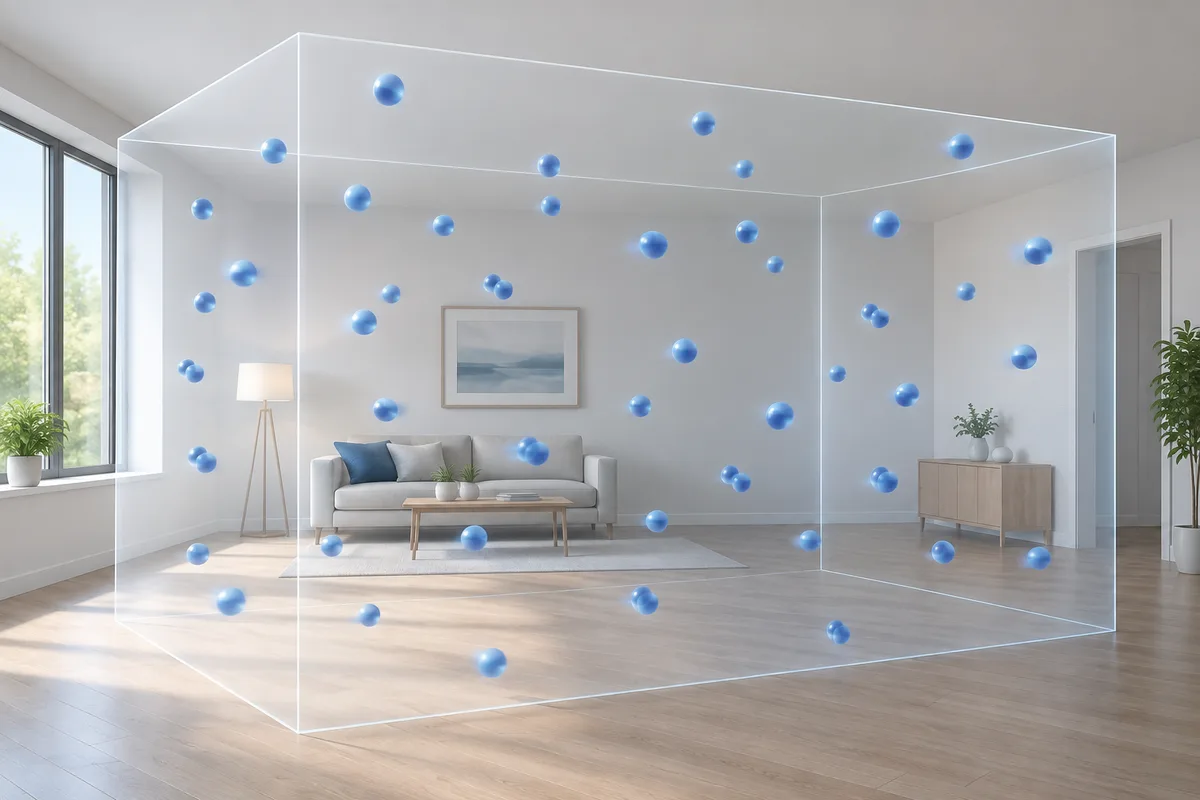 Widely spaced particles representing gas distributed throughout a room.