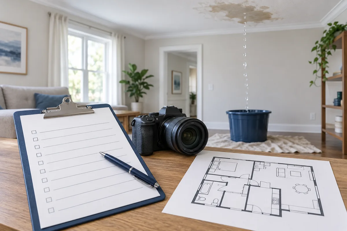 A camera, floor plan and checklist arranged to document a property-damage incident.
