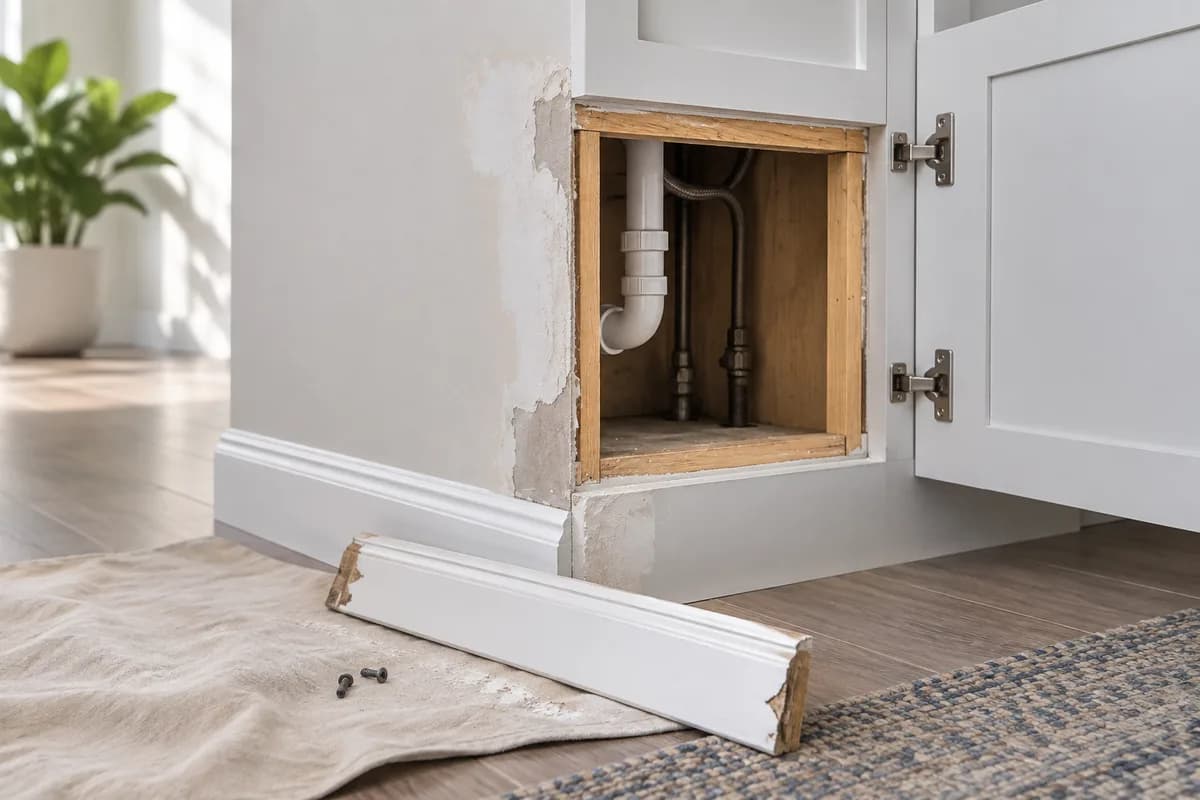 A plumbing access opening with removed trim and surrounding finishes needing repair.