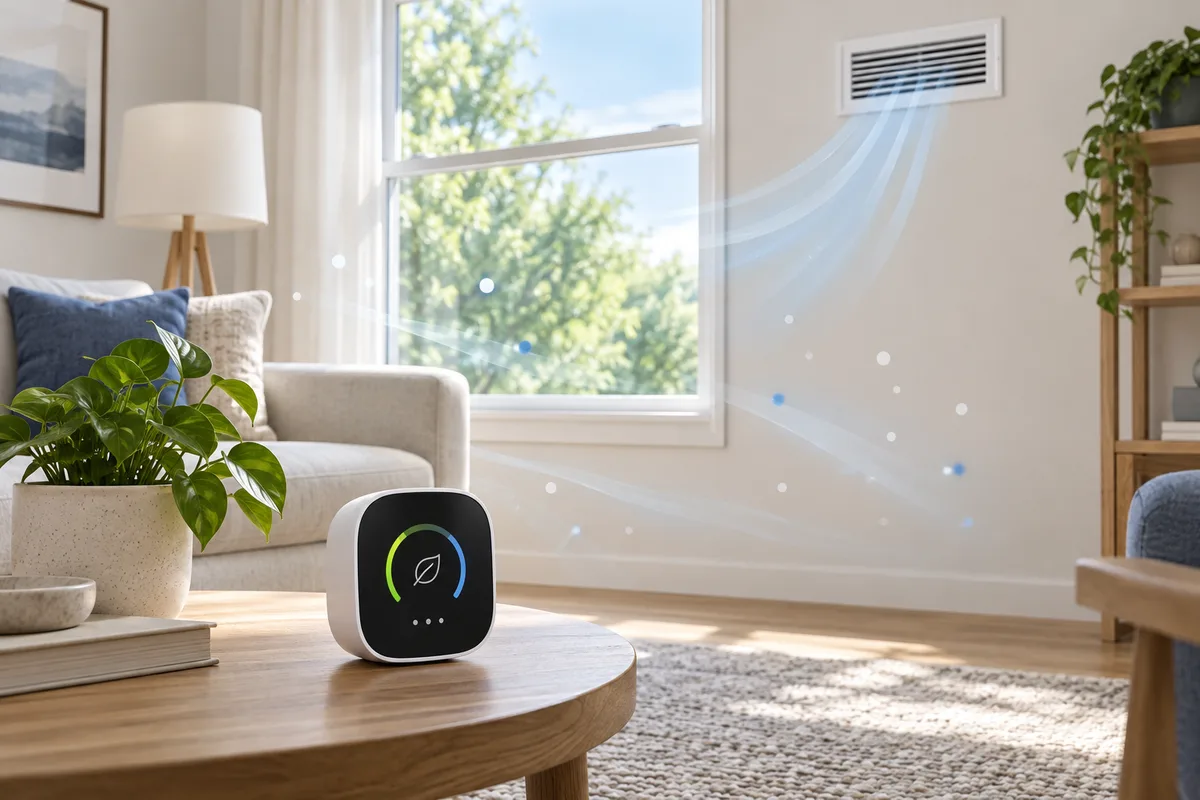 An indoor air monitor with conceptual airflow from a ventilation grille.