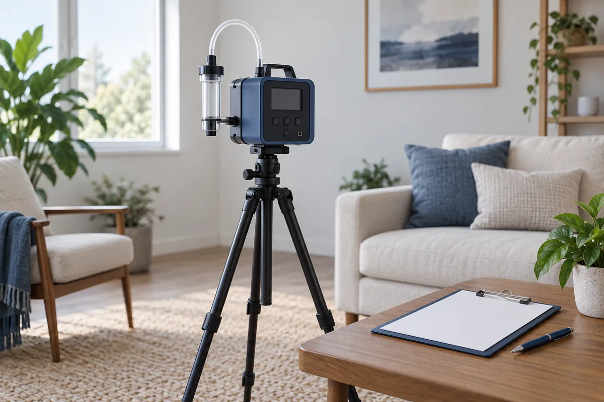 An air-sampling instrument on a tripod beside a field-notes clipboard.
