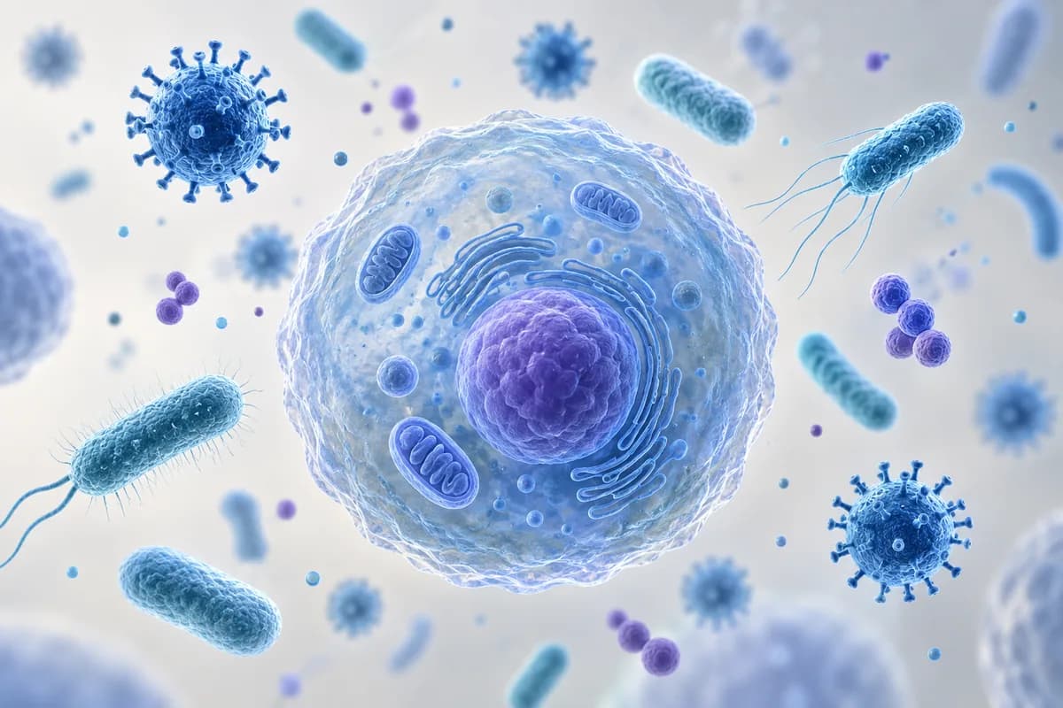 A host cell surrounded by stylized microbes in a conceptual microscopic view.