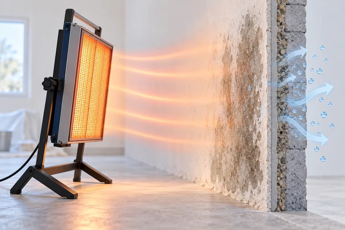 An infrared panel directing radiant heat toward a damp wall.