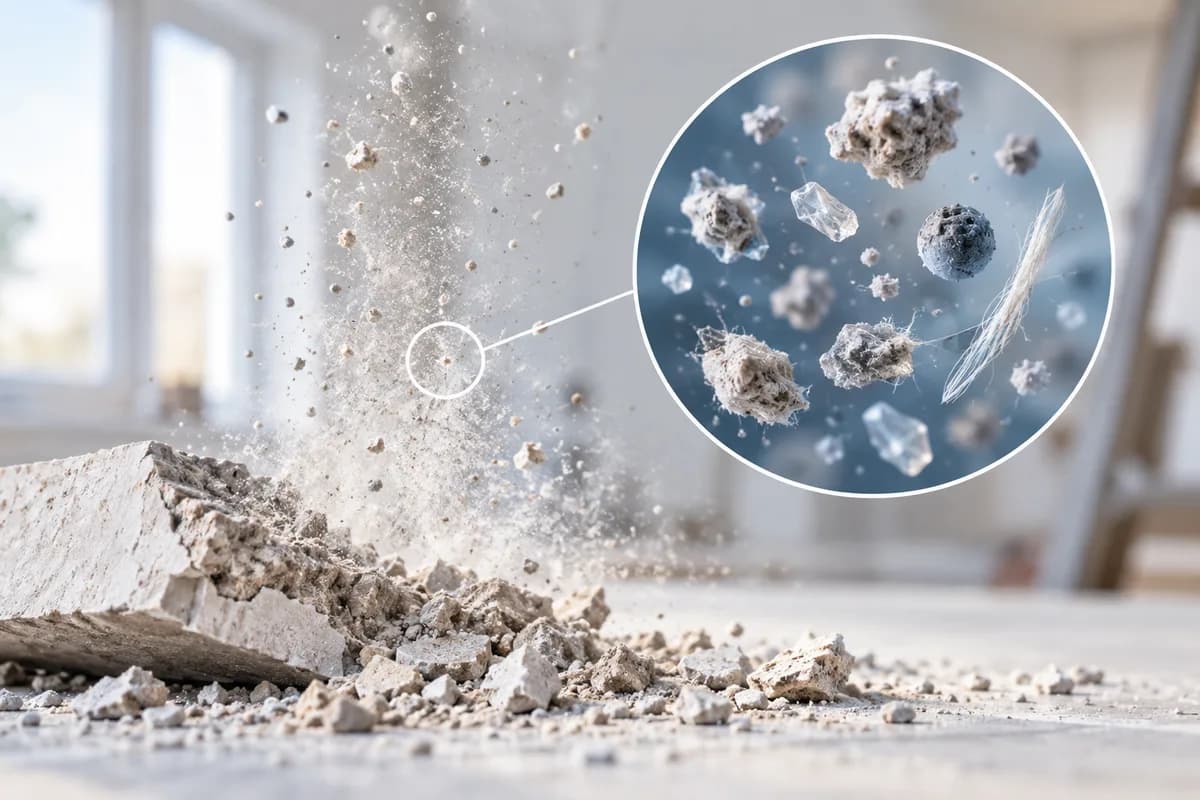 Fine dust rising from disturbed building material with an enlarged particle detail.