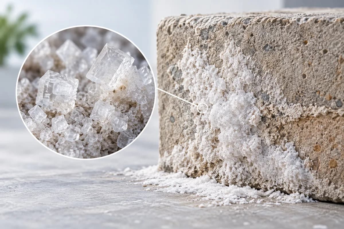 Mineral crystals and pale deposits on a masonry sample.