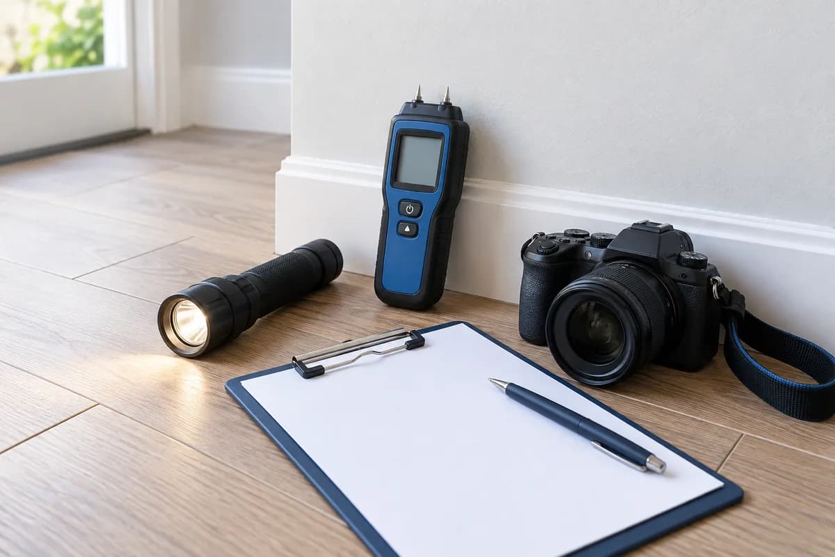 A flashlight, moisture meter, camera and clipboard arranged for a property inspection.