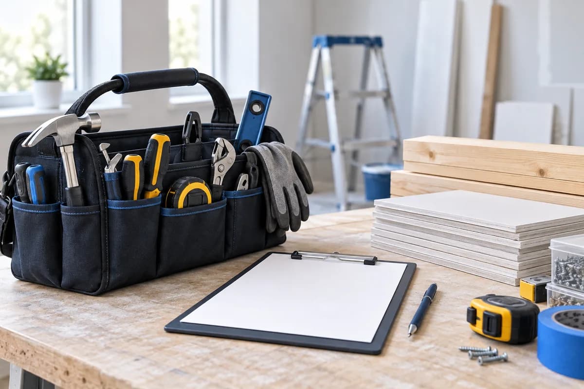 Tools, repair materials and a work-order clipboard arranged at a property-repair workspace.