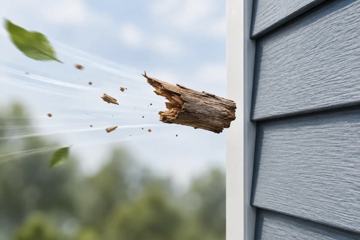 Storm debris moving toward exterior siding to illustrate energy in motion.