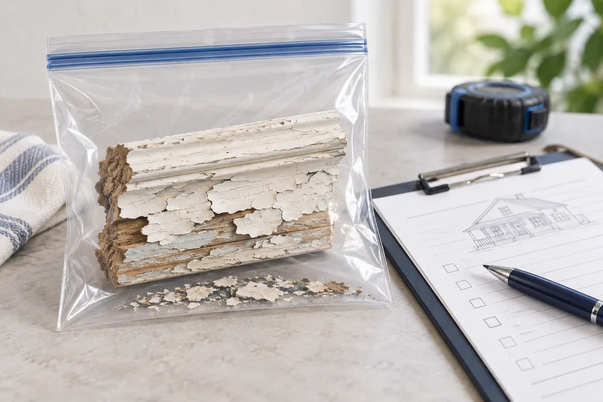 A peeling paint sample bagged for assessment of possible lead content.