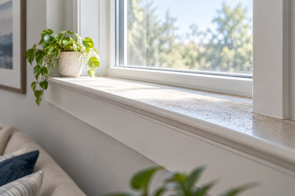 Settled dust collecting on an interior window ledge.
