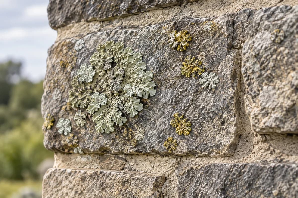 Patches of lichen growing on an exterior stone surface.