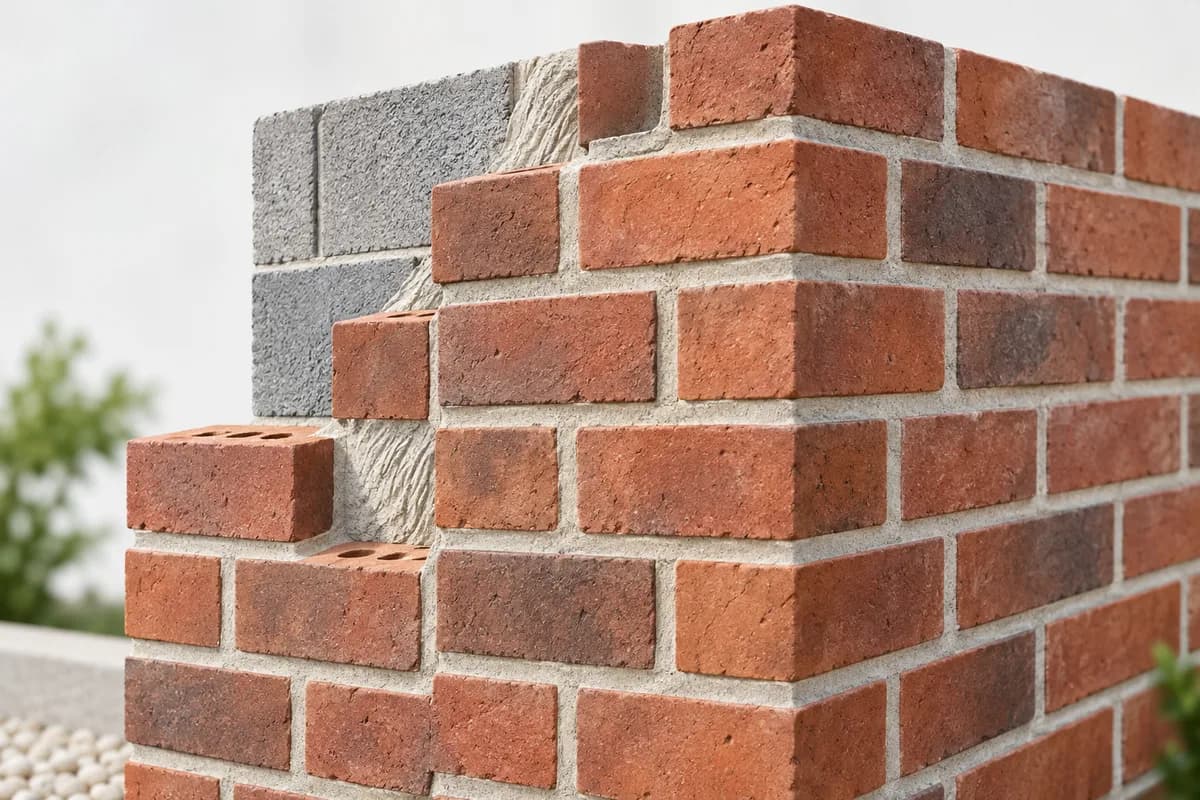Bricks and mortar joints forming a masonry wall corner.