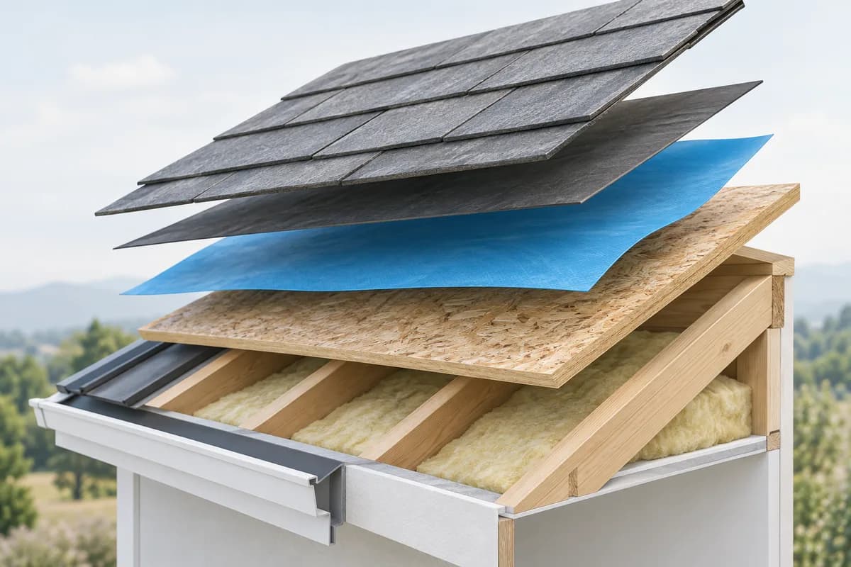 A protective membrane highlighted between roofing layers in an exploded view.