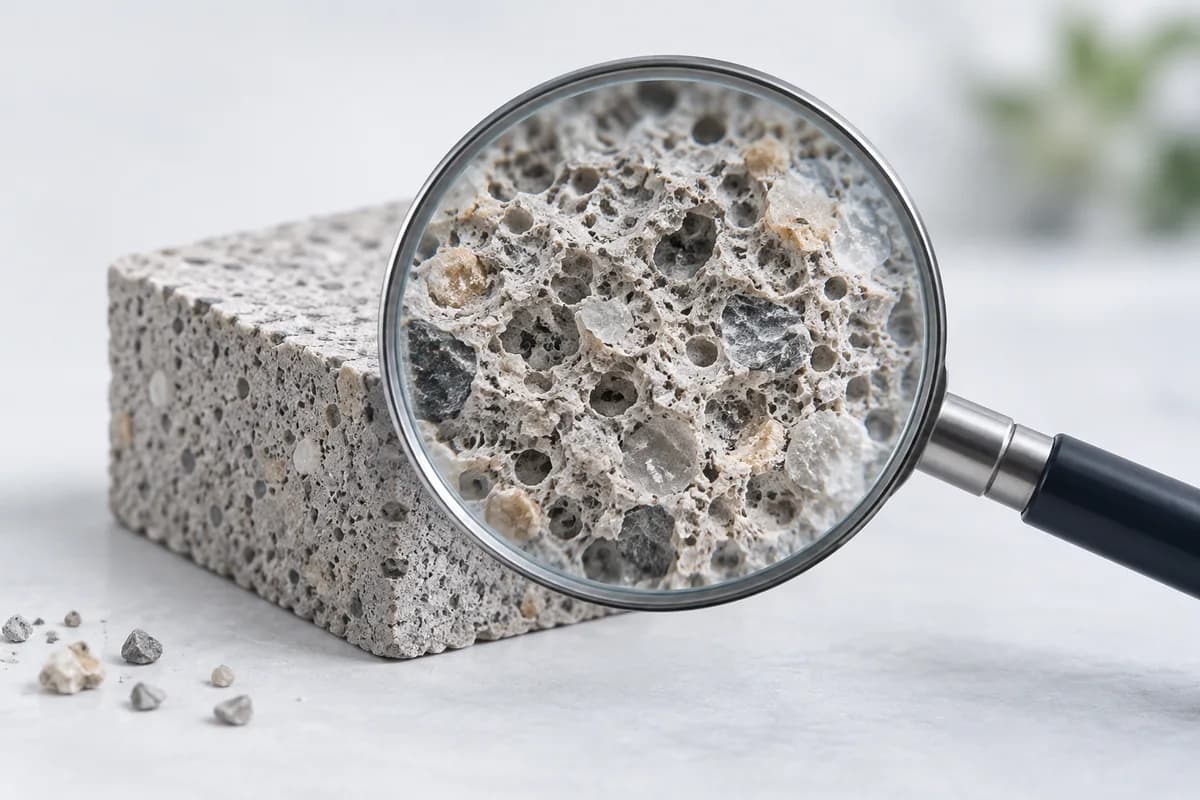 A magnifying lens revealing small details in a building-material sample.