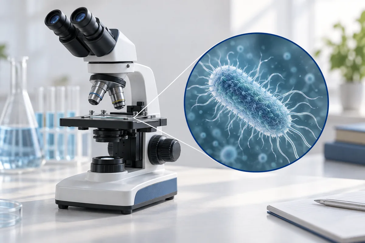 A microscope beside an enlarged representation of a single microorganism.