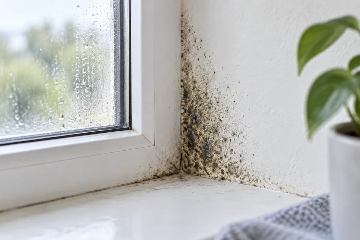 Fungal surface growth around a damp window corner.