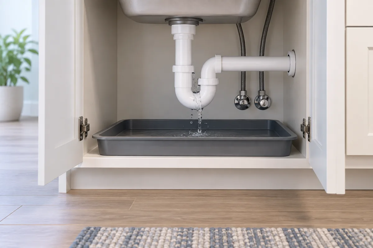 A tray catching water beneath a leaking pipe to limit its spread.