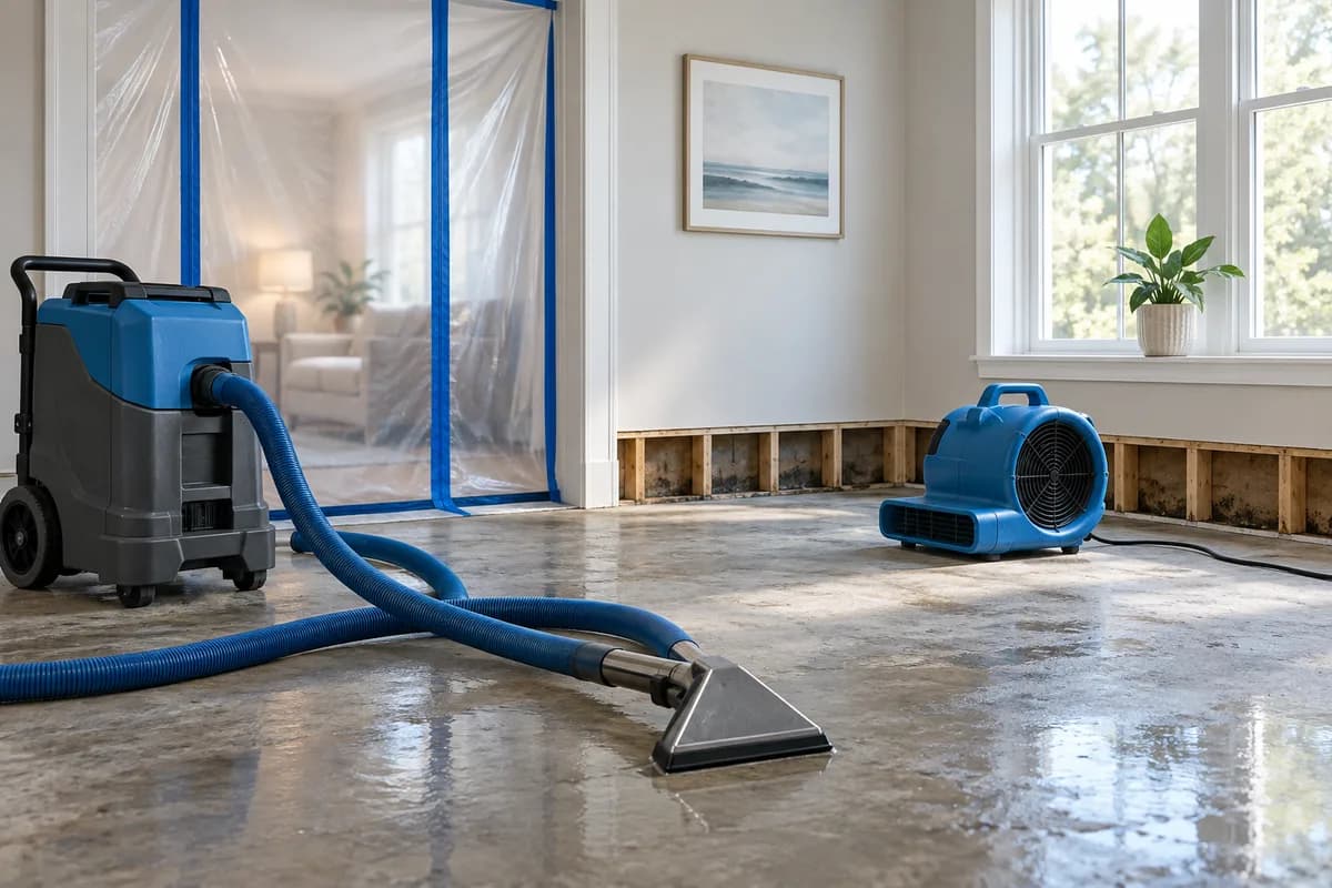 Water-extraction equipment, an air mover and temporary containment in a damaged room.