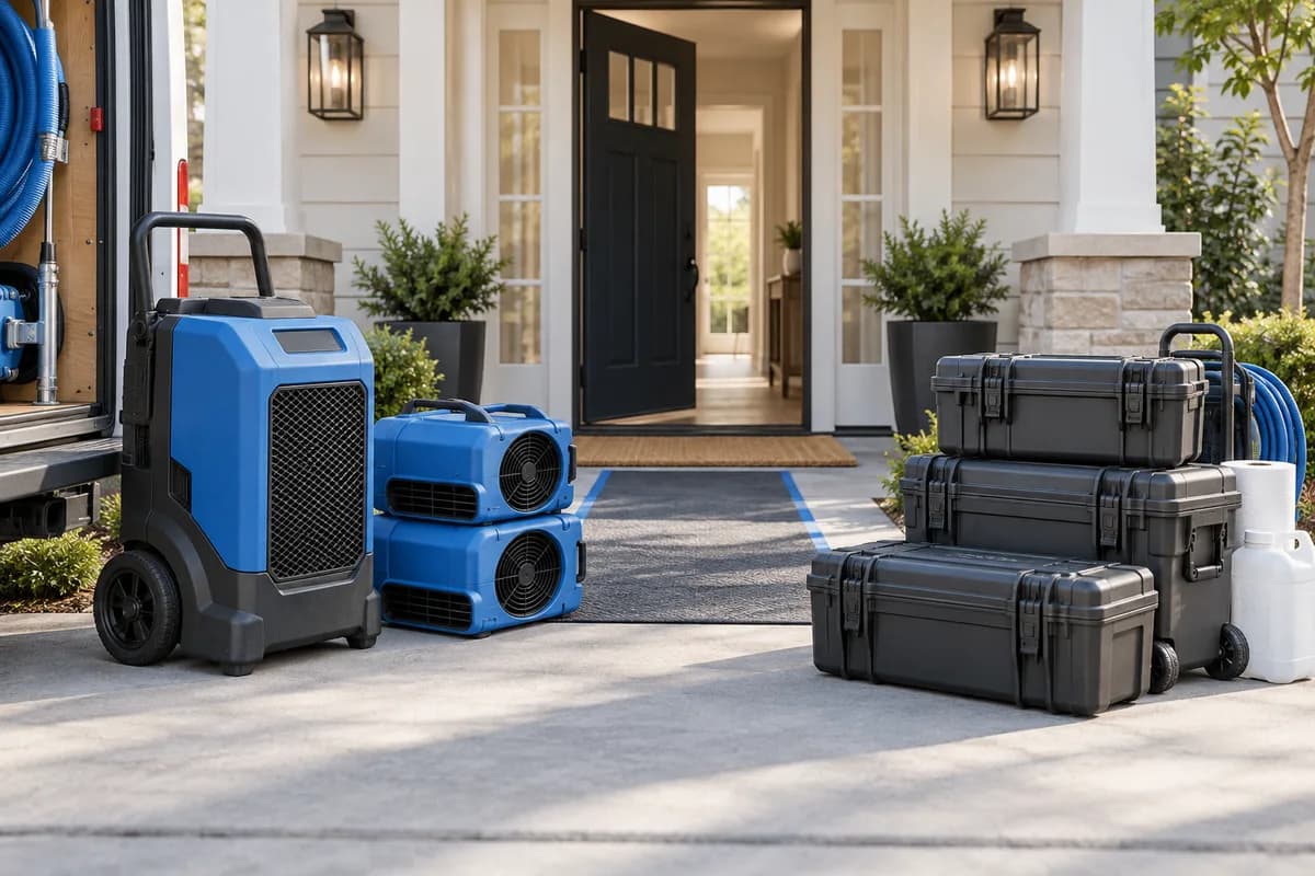 Restoration equipment and supply cases staged outside a property entrance.