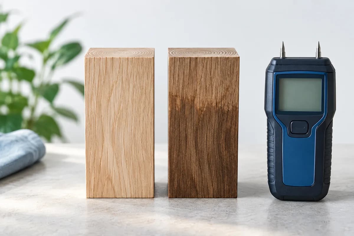 Wood samples with contrasting moisture conditions beside a moisture meter.