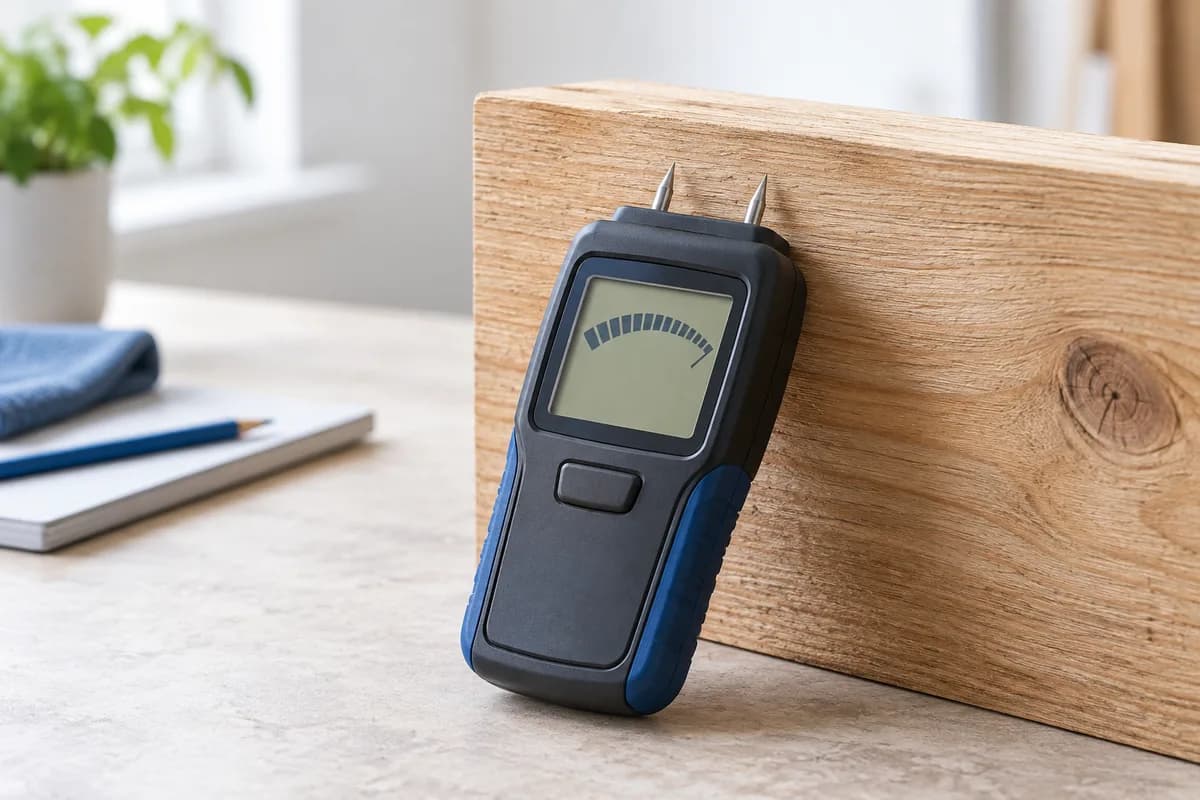 A pin-type moisture meter positioned against a wood sample.