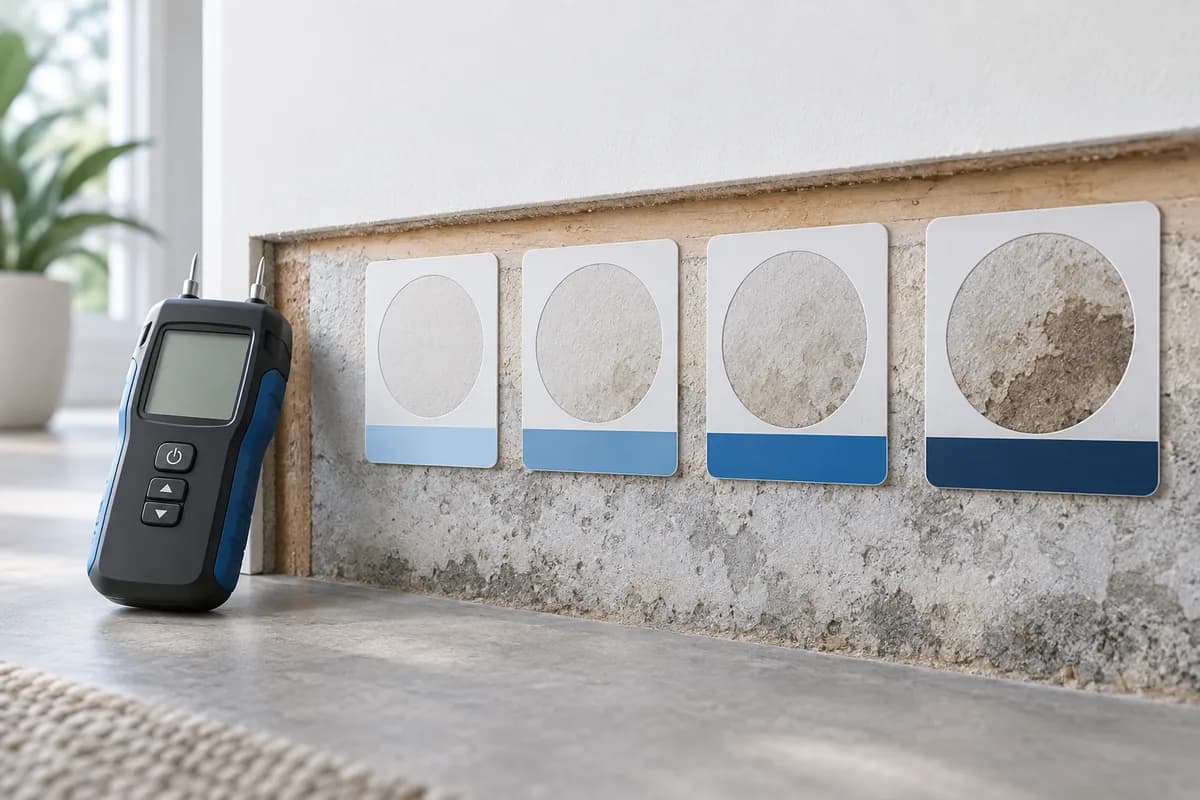 A moisture meter beside comparison cards used to illustrate tracking material conditions.