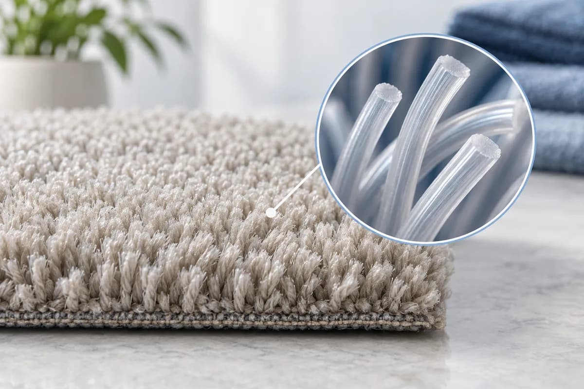 A nylon carpet sample with an enlarged view of its individual fibers.