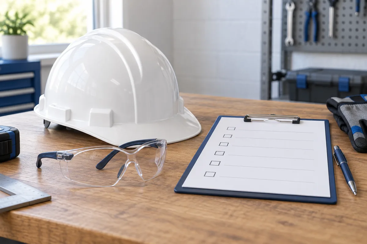 A hard hat, safety glasses and a workplace-safety checklist.