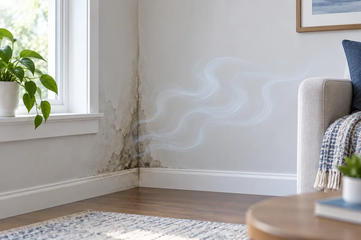Faint wisps representing odor near a damp wall corner.
