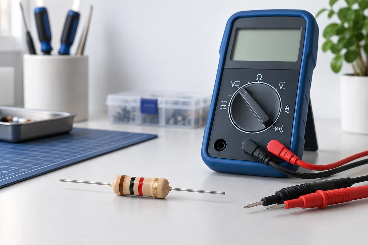 A resistor and digital multimeter used to illustrate electrical resistance.