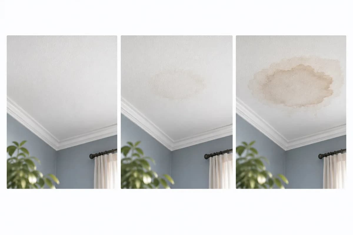 A sequence illustrating the first appearance and growth of a ceiling water stain.