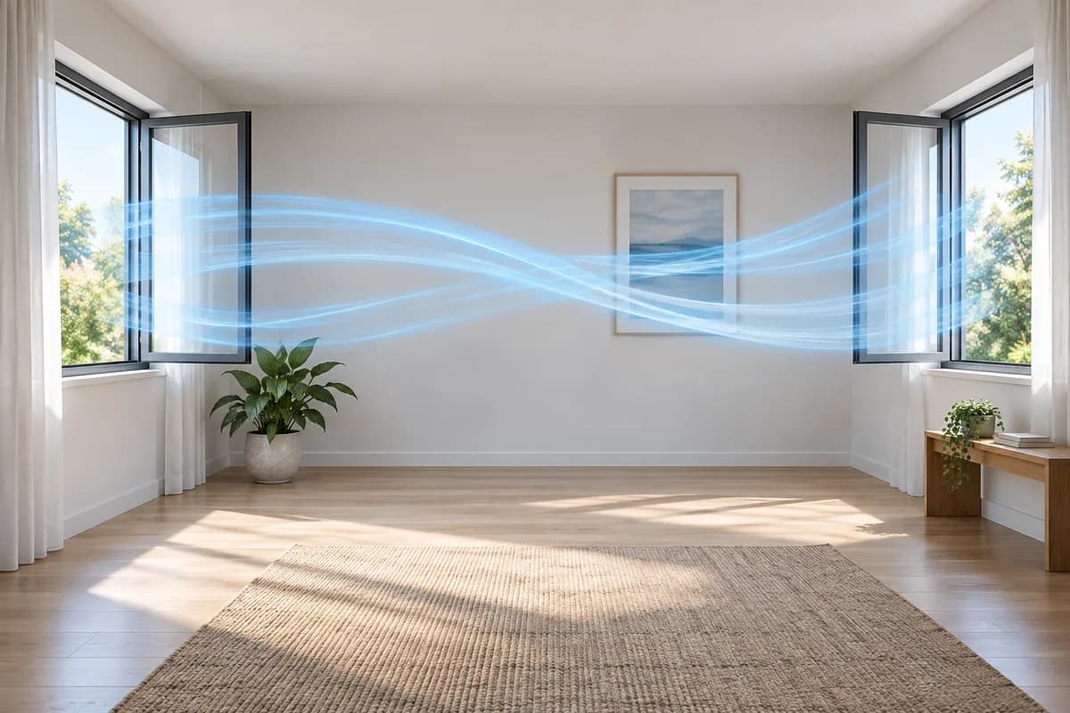 Air moving through open windows on opposite sides of a room.