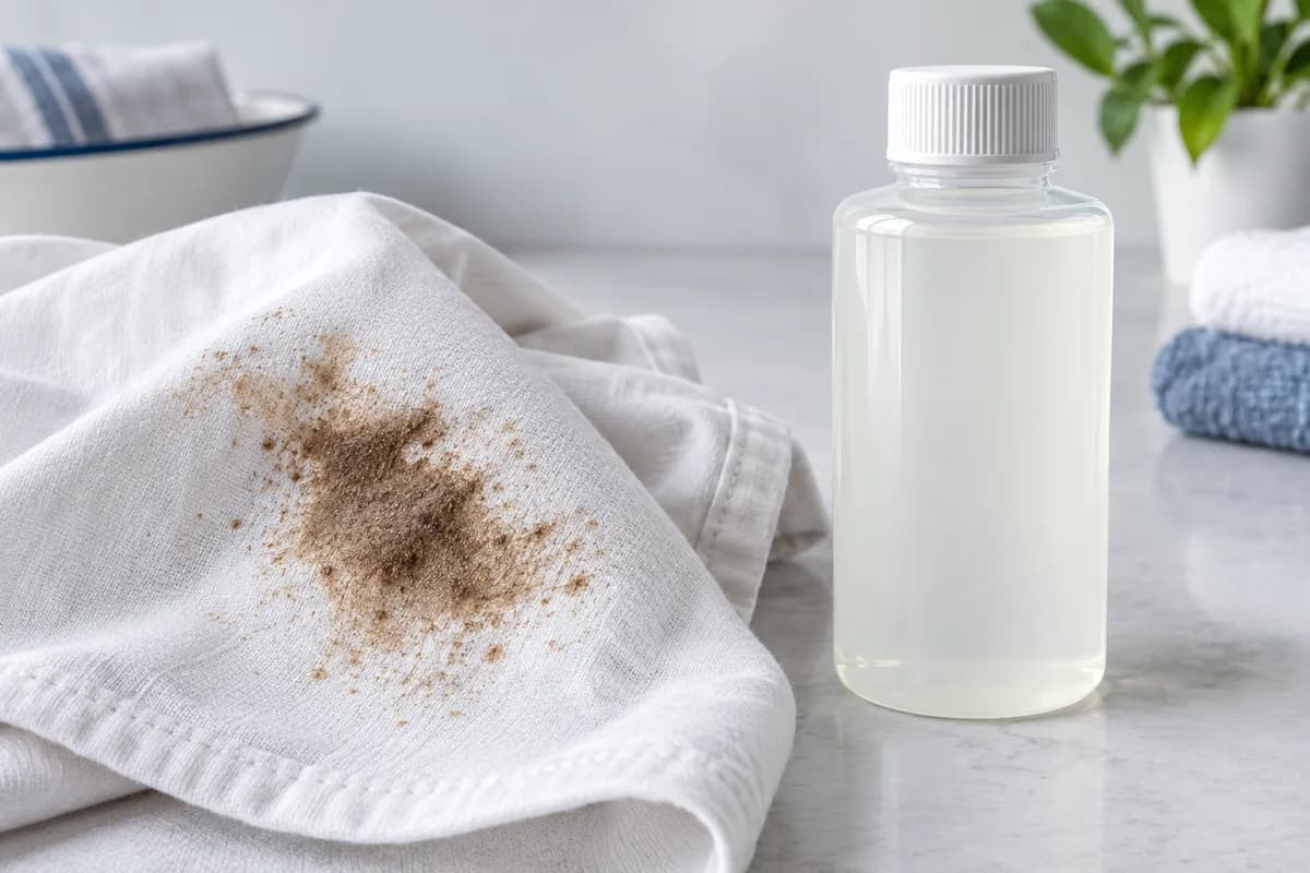 A stained fabric sample beside a closed treatment bottle.