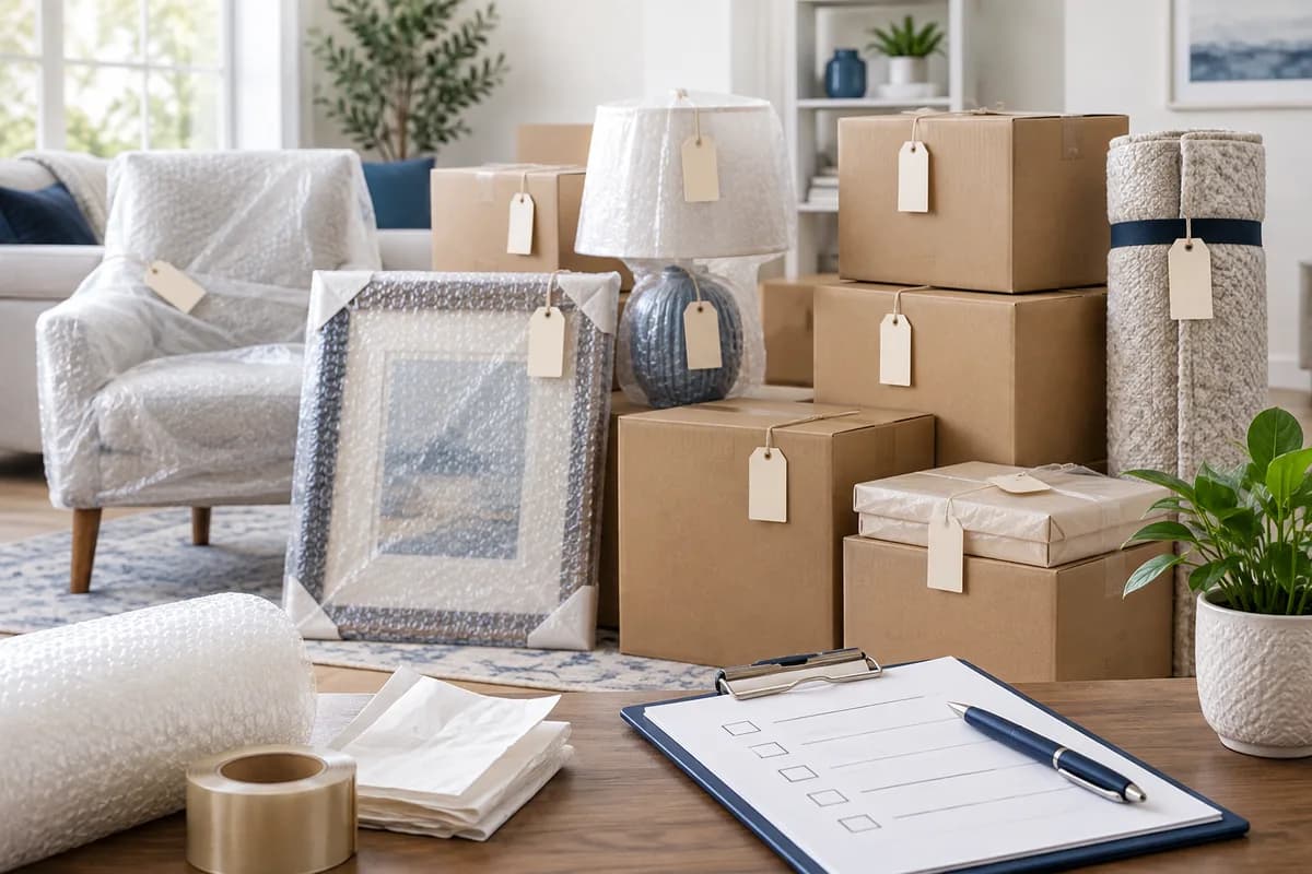 Wrapped belongings, tagged boxes and an inventory checklist prepared for a pack-out.
