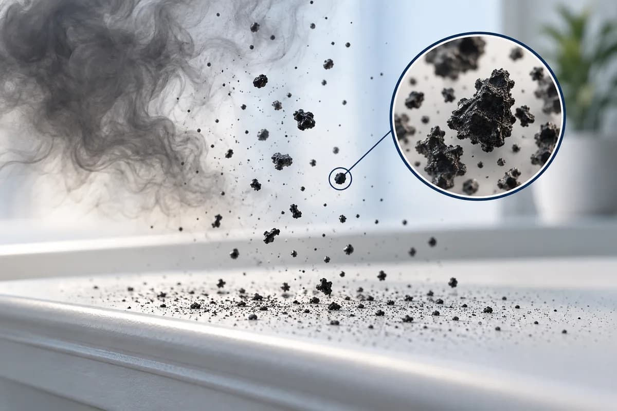 Enlarged combustion particles settling from smoke onto a surface.