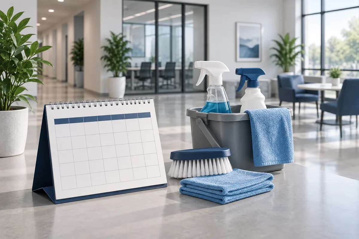 A calendar and cleaning supplies arranged for routine commercial cleaning.