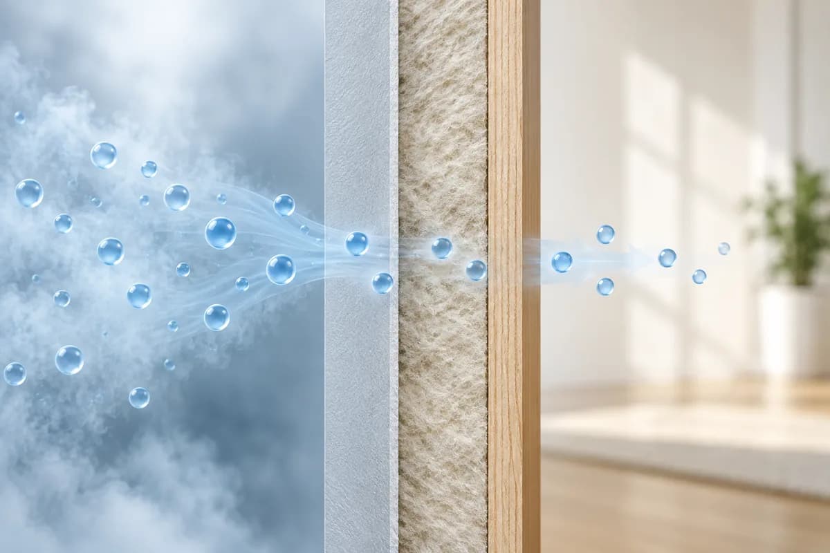 Water-vapor particles passing through a building-material layer in a conceptual cutaway.