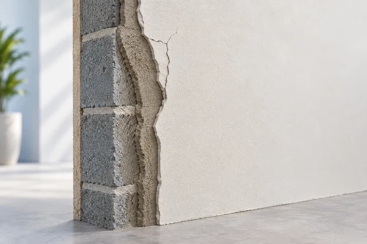 A chipped plaster finish exposing the supporting masonry beneath.